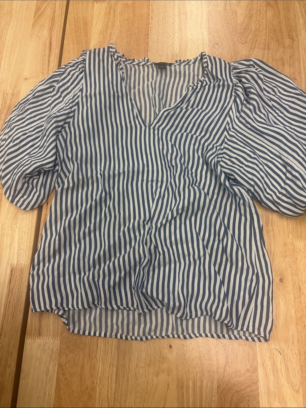 Ann Taylor Factory Navy and White Striped V-Neck Puff Sleeve Blouse